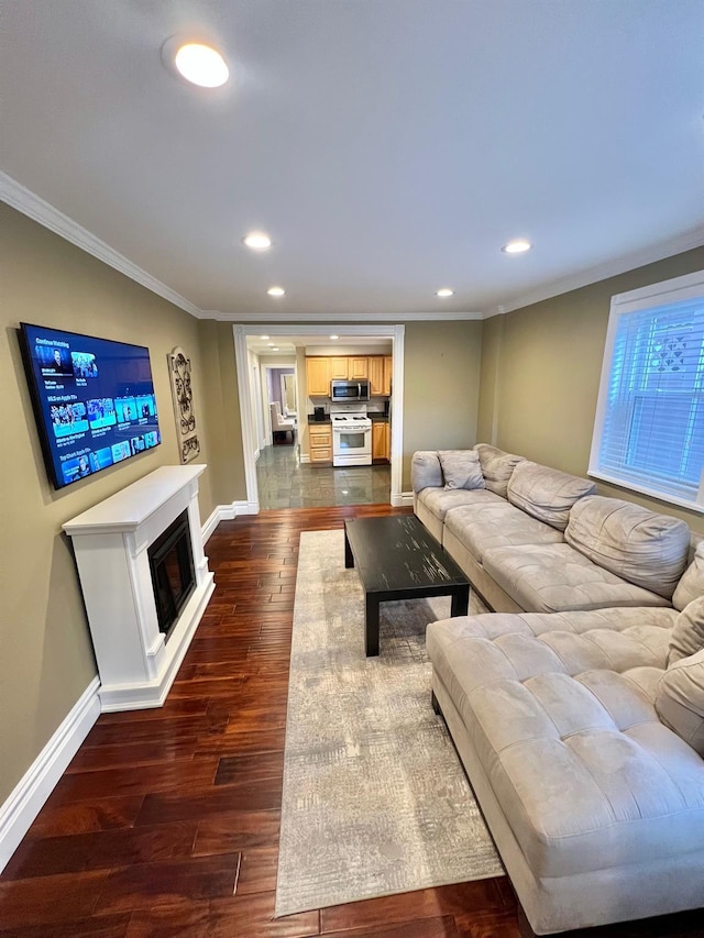 1258 Mace Ave, Bronx, NY 10469 - living room featuring recessed lighting, crown molding, baseboards, and dark wood-style floors