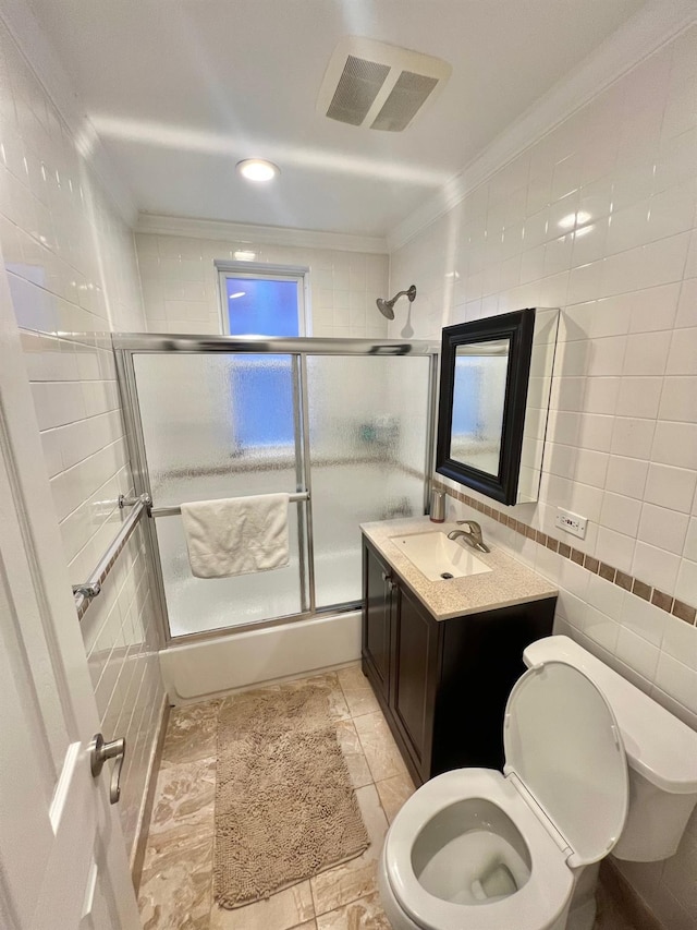 1258 Mace Ave, Bronx, NY 10469 - bathroom featuring toilet, tile walls, visible vents, crown molding, and vanity