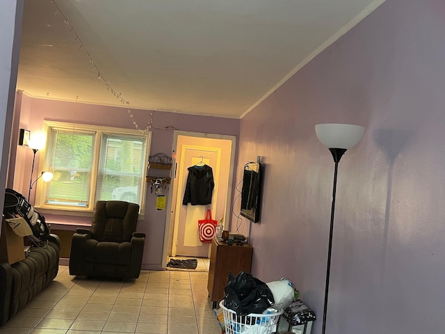 47-65 196th St, Flushing, NY 11358 - living area featuring light tile patterned floors and crown molding