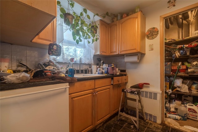 47-65 196th St, Flushing, NY 11358 - kitchen featuring radiator heating unit, decorative backsplash, dark marble finish flooring, and dark countertops