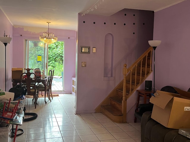 47-65 196th St, Flushing, NY 11358 - staircase featuring a chandelier, tile patterned flooring, and crown molding