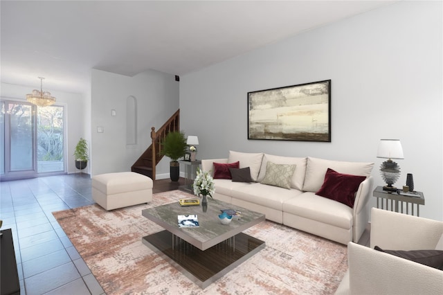 47-65 196th St, Flushing, NY 11358 - tiled living room featuring stairs and a chandelier