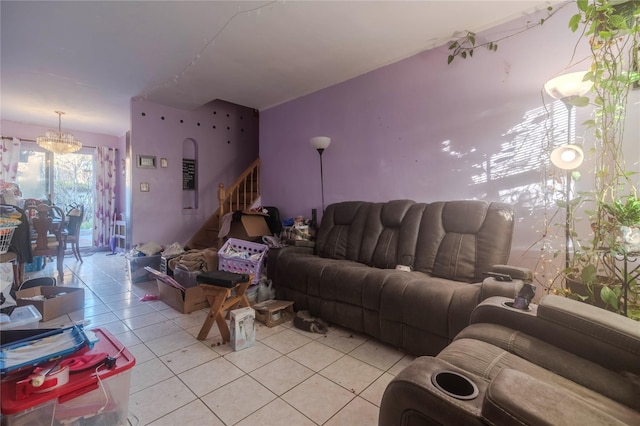 47-65 196th St, Flushing, NY 11358 - living room featuring light tile patterned floors, stairway, and a chandelier