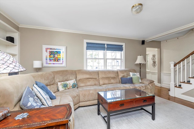 80 Park Ave, New Hyde Park, NY 11040 - living area with wood finished floors, stairs, and crown molding