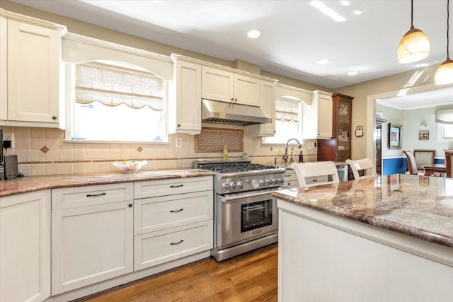 80 Park Ave, New Hyde Park, NY 11040 - kitchen featuring tasteful backsplash, high end stainless steel range oven, wood finished floors, under cabinet range hood, and hanging light fixtures
