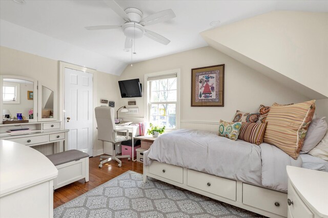 80 Park Ave, New Hyde Park, NY 11040 - bedroom with ceiling fan, lofted ceiling, and wood finished floors