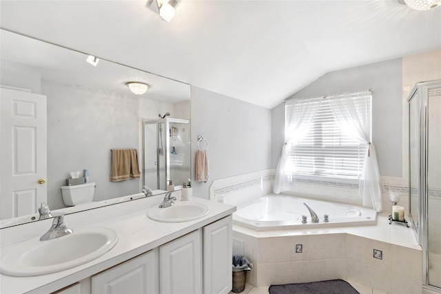 full bathroom featuring a sink, double vanity, a shower stall, and a bath