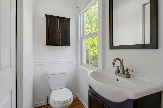 bathroom featuring vanity, a wainscoted wall, and toilet