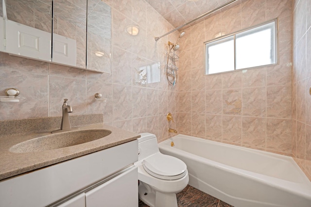 1041 N 6th St, New Hyde Park, NY 11040 - bathroom featuring tile walls, toilet,  shower combination, vanity, and tasteful backsplash
