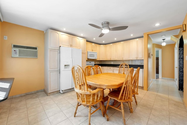 1041 N 6th St, New Hyde Park, NY 11040 - dining space with a wall mounted air conditioner, a ceiling fan, light tile patterned floors, recessed lighting, and baseboards