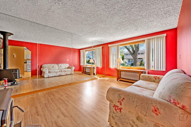 1041 N 6th St, New Hyde Park, NY 11040 - living area featuring a wood stove, radiator heating unit, wood finished floors, a textured ceiling, and arched walkways