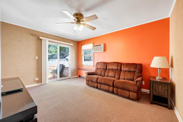 1041 N 6th St, New Hyde Park, NY 11040 - living room featuring radiator, an AC wall unit, carpet, baseboards, and ornamental molding