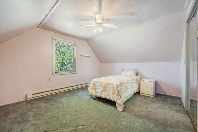 1041 N 6th St, New Hyde Park, NY 11040 - bedroom featuring a baseboard radiator, carpet floors, lofted ceiling, and a ceiling fan