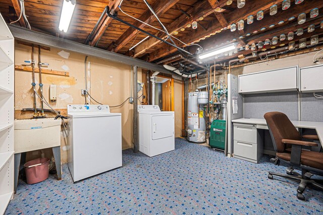1041 N 6th St, New Hyde Park, NY 11040 - unfinished below grade area with water heater, washer and dryer, a heating unit, and a sink