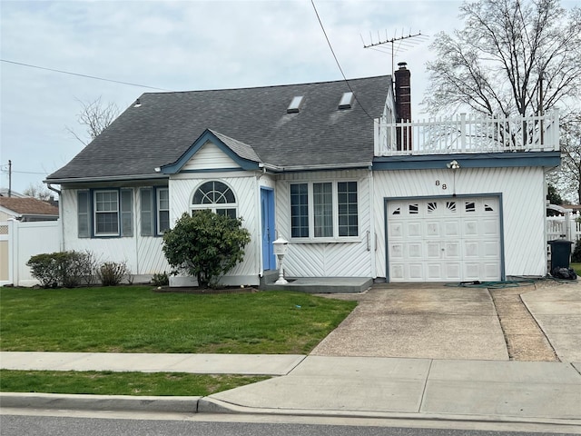 view of front facade featuring a chimney, a shingled roof, driveway, a balcony, and an attached garage