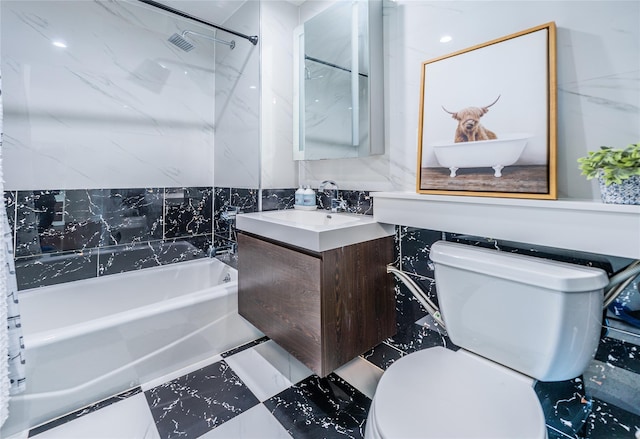 full bath with shower / bathing tub combination, visible vents, toilet, and vanity