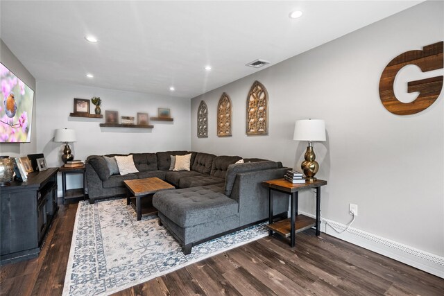 79 Birch St, Lake Grove, NY 11755 - living room with wood finished floors, recessed lighting, baseboard heating, and baseboards