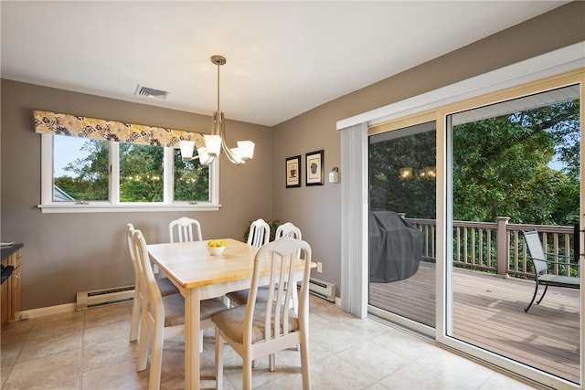 dining space featuring baseboard heating, a baseboard radiator, light tile patterned floors, a notable chandelier, and visible vents