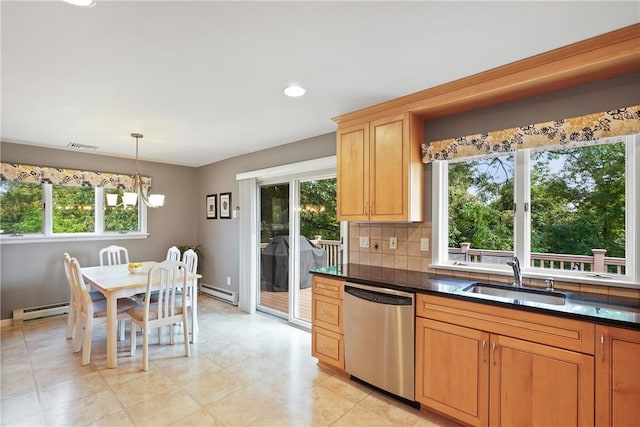 kitchen featuring baseboard heating, dark countertops, a sink, dishwasher, and an inviting chandelier