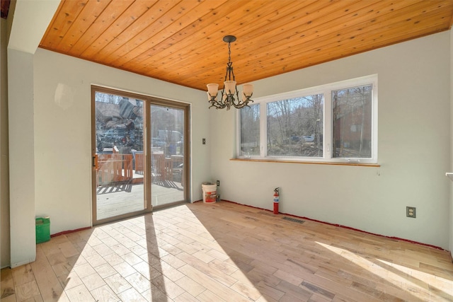 unfurnished dining area featuring wood-type flooring, visible vents, wood ceiling, and a notable chandelier