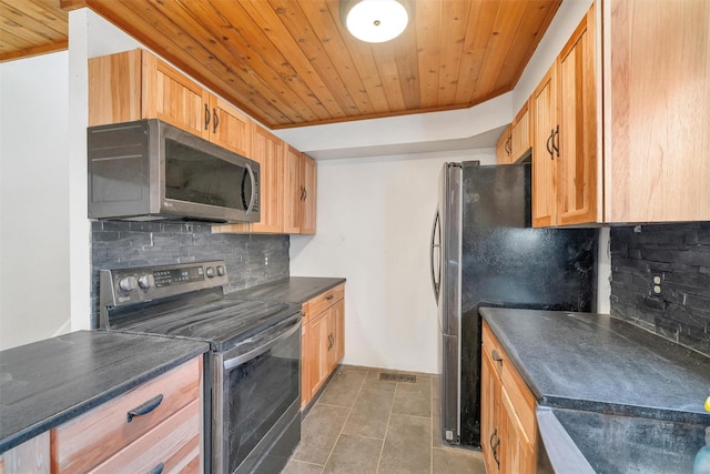 kitchen with wood ceiling, dark countertops, decorative backsplash, and appliances with stainless steel finishes