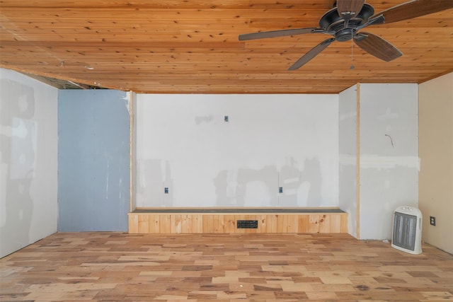 empty room with wood finished floors, visible vents, a ceiling fan, and wood ceiling