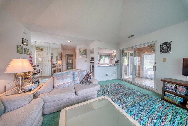 10 Joe D Dr Unit 10B, Callicoon, NY 12723 - living area featuring vaulted ceiling, carpet floors, and visible vents