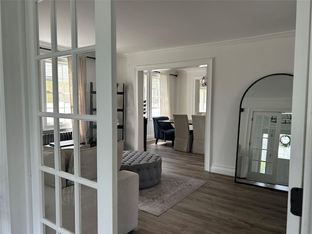 interior space featuring dark wood-style flooring, crown molding, and baseboards