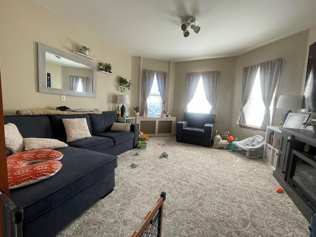 carpeted living area with radiator