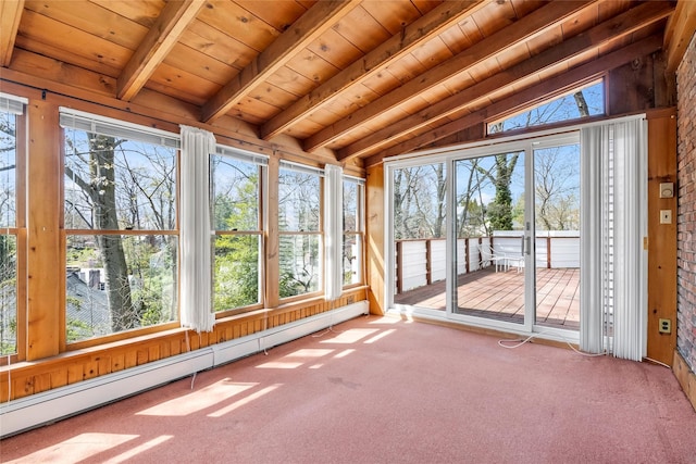 unfurnished sunroom with baseboard heating, a wealth of natural light, and beamed ceiling