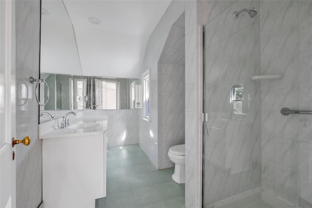 bathroom with a shower stall, tile walls, a wealth of natural light, and toilet