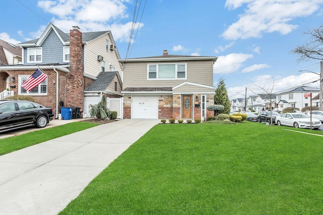 view of front facade featuring a chimney, a front lawn, a residential view, concrete driveway, and brick siding