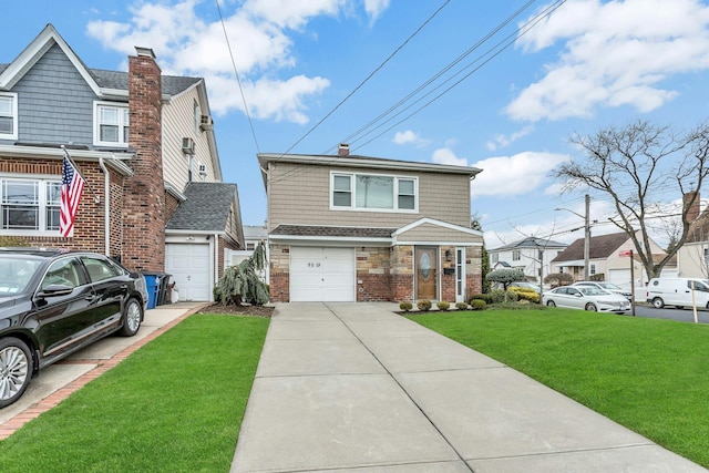 view of front of house featuring a residential view, driveway, a chimney, an attached garage, and a front yard