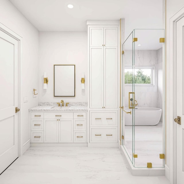 2215 Laurel Ave, Southold, NY 11971 - bathroom with marble look tiles, a freestanding bath, vanity, a marble finish shower, and recessed lighting