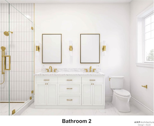 2215 Laurel Ave, Southold, NY 11971 - full bathroom featuring marble look tiles, toilet, a stall shower, baseboards, and double vanity