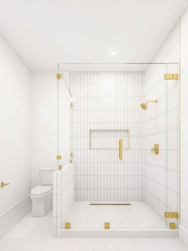 2215 Laurel Ave, Southold, NY 11971 - bathroom with a stall shower, toilet, and marble look tile flooring