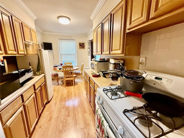 2 Lockwood Ave Unit 2B, Bronxville, NY 10708 - kitchen featuring white appliances, light countertops, ornamental molding, light wood finished floors, and tasteful backsplash