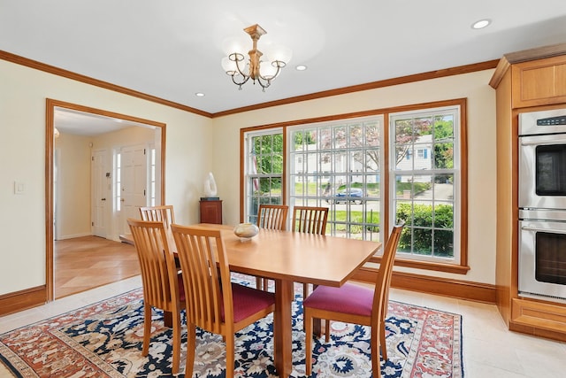 1449 Riverview Ave, Peekskill, NY 10566 - dining area with light tile patterned flooring, baseboards, a chandelier, recessed lighting, and ornamental molding