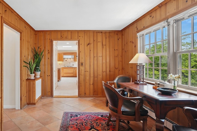 1449 Riverview Ave, Peekskill, NY 10566 - office featuring wood walls, baseboards, a baseboard radiator, and light tile patterned floors