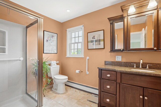 1449 Riverview Ave, Peekskill, NY 10566 - full bathroom featuring a baseboard heating unit, vanity, toilet, a shower stall, and tile patterned floors