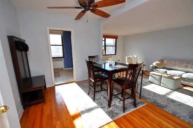 66 Rockledge Rd Unit 1B, Hartsdale, NY 10530 - dining room featuring a ceiling fan, baseboards, radiator heating unit, and wood finished floors