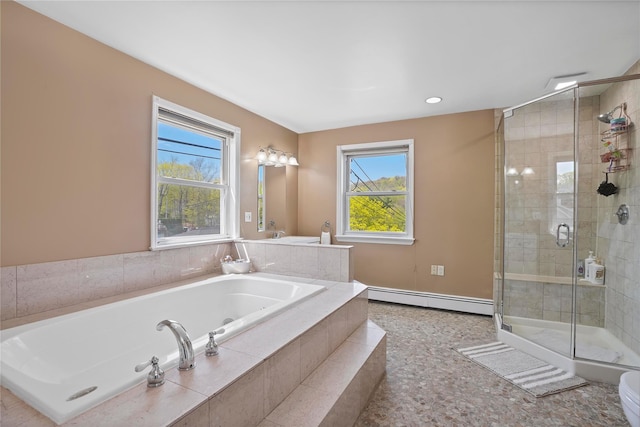 bathroom featuring a bath, recessed lighting, a shower stall, and a baseboard radiator