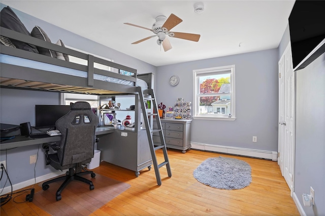 bedroom featuring hardwood / wood-style floors, baseboards, and a baseboard radiator