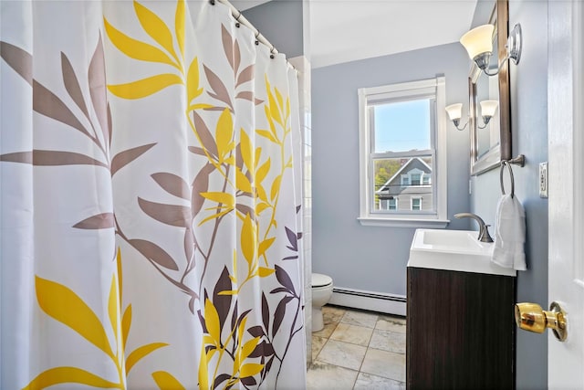 full bath with curtained shower, toilet, vanity, and a baseboard radiator