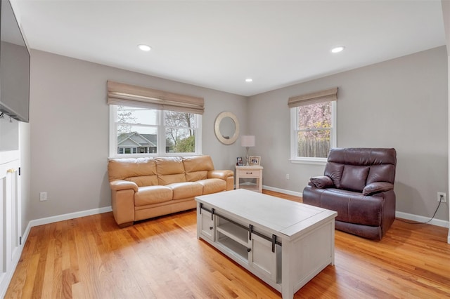 living room featuring light wood-style floors, baseboards, and a wealth of natural light