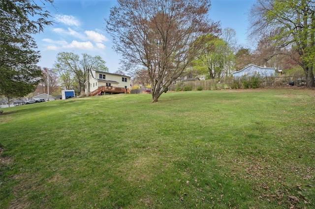 view of yard with a wooden deck and fence