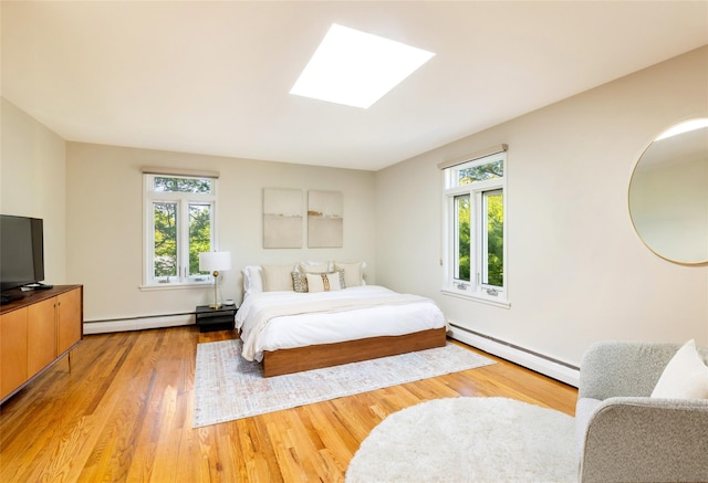 bedroom with a baseboard heating unit, multiple windows, a skylight, and baseboard heating