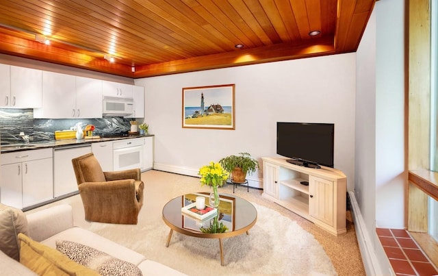 living area with wooden ceiling, a tray ceiling, light carpet, and baseboards