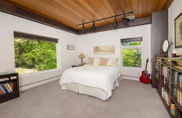bedroom with track lighting, wooden ceiling, carpet, and baseboard heating