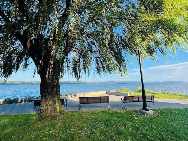 surrounding community featuring a water view and a lawn